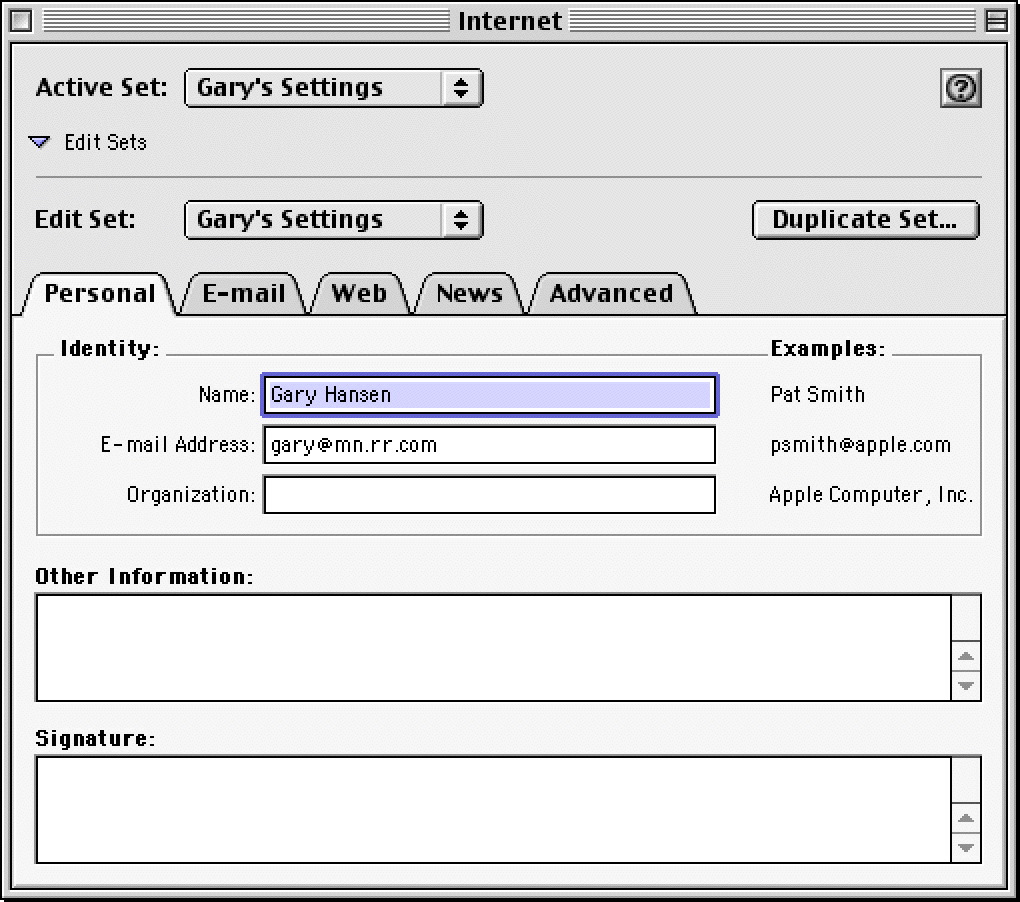 Internet control panel - Personal tab