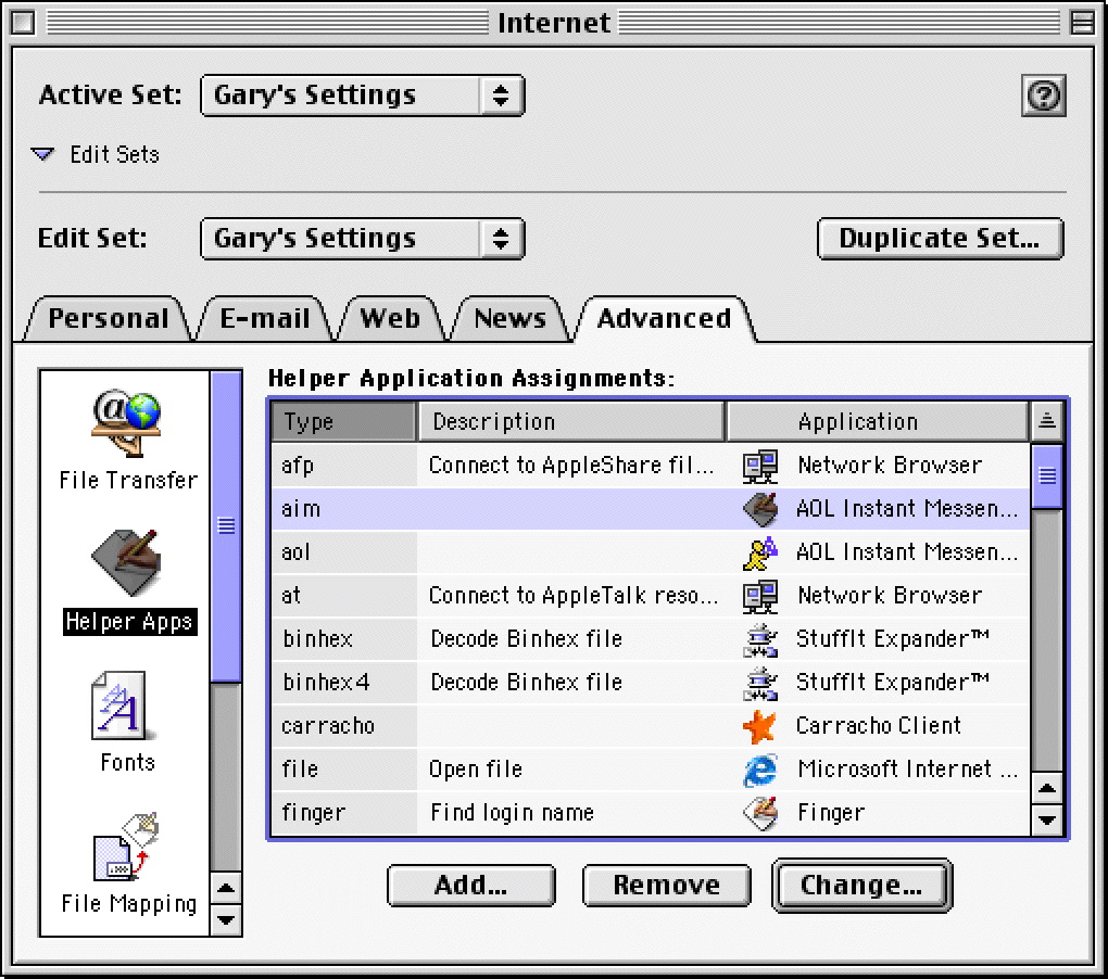Internet control panel - Advanced - Helper Apps